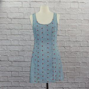 Vintage 90s Denim Embroidered Ditsy Rose Jumper Dress